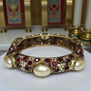 SPHINX Vintage 80's Royal Chunky Ruby AB Crystal Pearl Clamper Bracelet